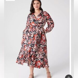 NWOT Lane Bryant Blouson Sleeve Shawl Collar Faux Wrap Floral Midi Dress Size 24
